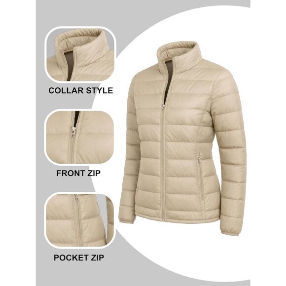 Women's Puffer Jacket Hood 32 Degree Quilted Winter Puff Foldable Jacket Beige - Picture 3 of 7